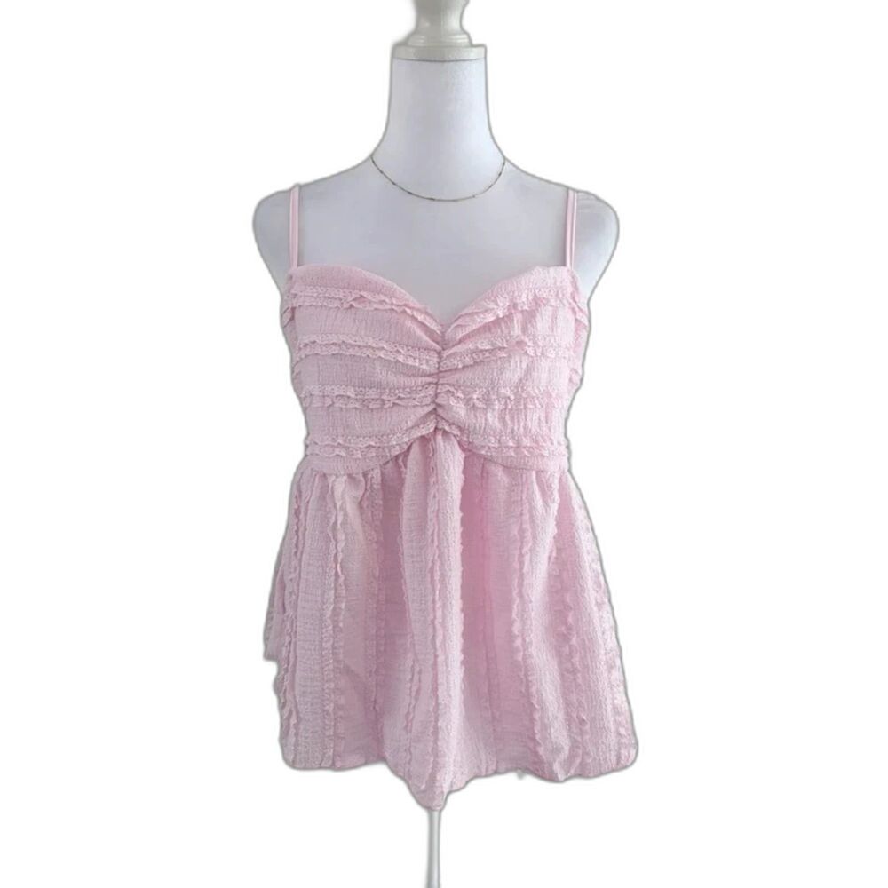 Pink Babydoll Cami Top | Y2K Lace Trim Backless Ruched Tank